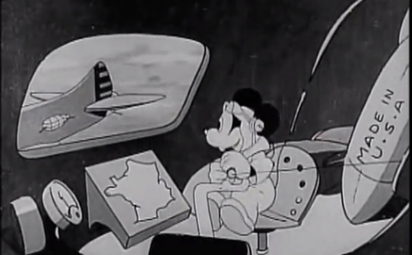 <p>Nazi occupied Vichy France propaganda cartoon featuring a Jewish radio announcer broadcasting the imminent arrival Allied bombers, flown by Mickey Mouse, Donald Duck, and Popeye, threatening innocent French civilians</p>