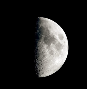 <ul><li><p>50%</p></li><li><p>Moonrise - 12 pm</p></li><li><p>Moonset - 12 am</p></li><li><p>Transit (highest alt) - 6 pm</p></li></ul>