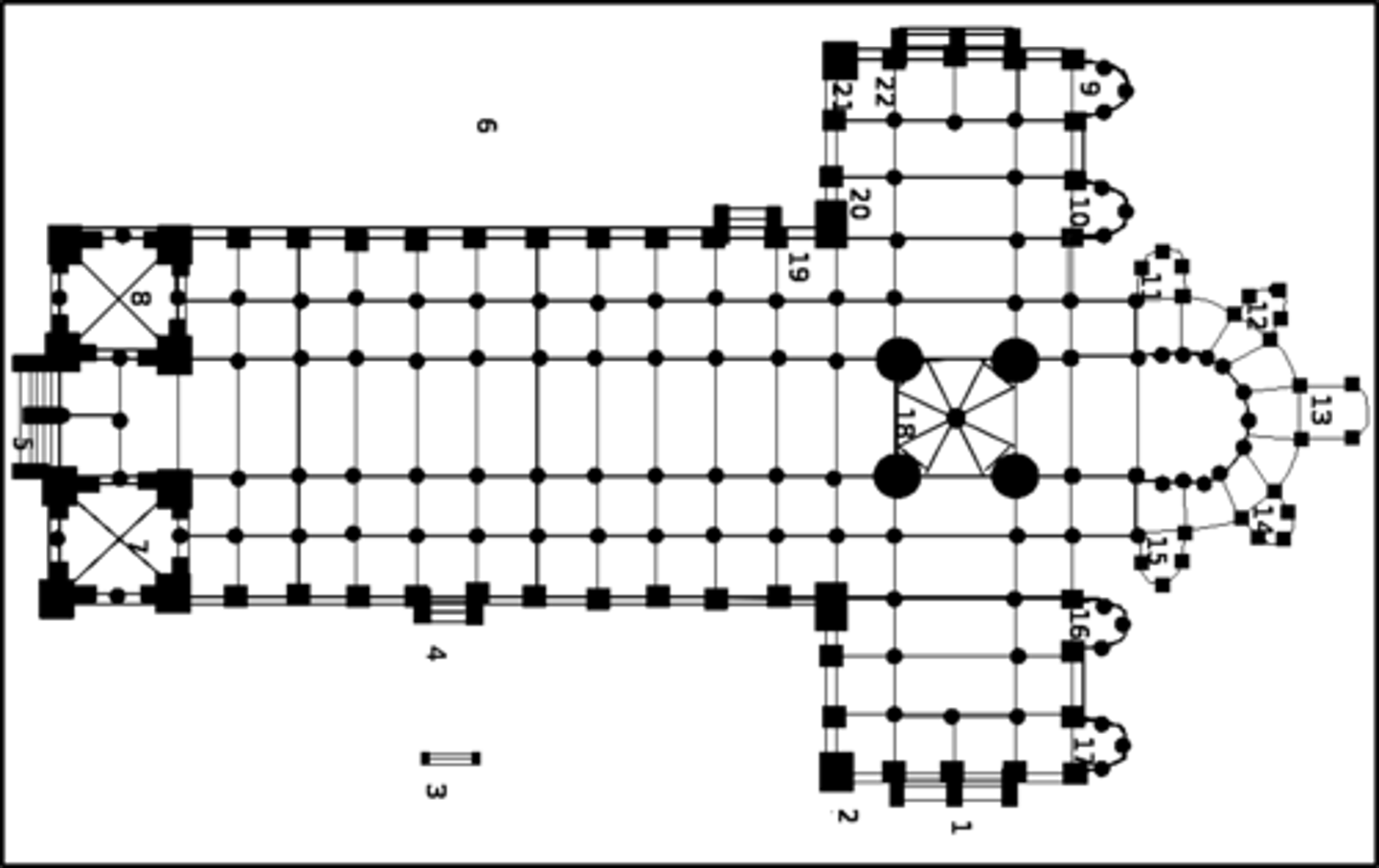 <p>a church plan in which the crossing square is used as a module for all parts of the design, each nave bay 1/2 central square</p>