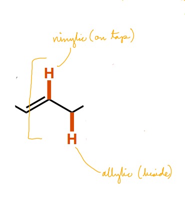 <p>Vinylic (connected to a C=C bond) Allylic (beside a C=C bond)</p>