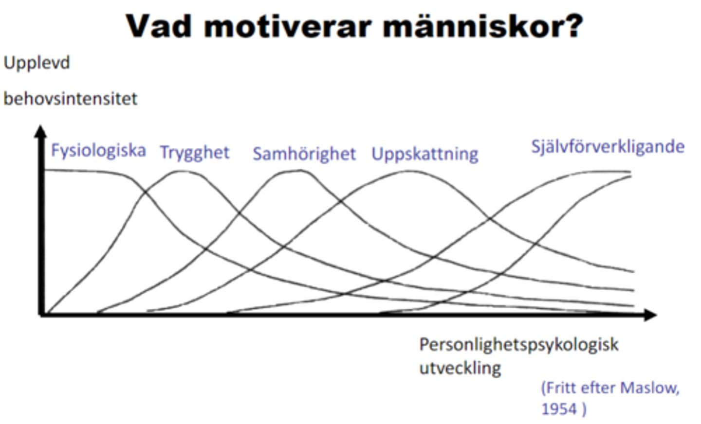 <p>Fysiologiska behov -&gt; Säkerhet och trygghet -&gt; Kärlek och samhörighet -&gt; Uppskattning -&gt; Självförverkligande</p><p>Ett svältande barn i Afrika känner större fysiologiska behov än en management-konsult på McKinsey, trots att båda behöver mat för att överleva.</p>