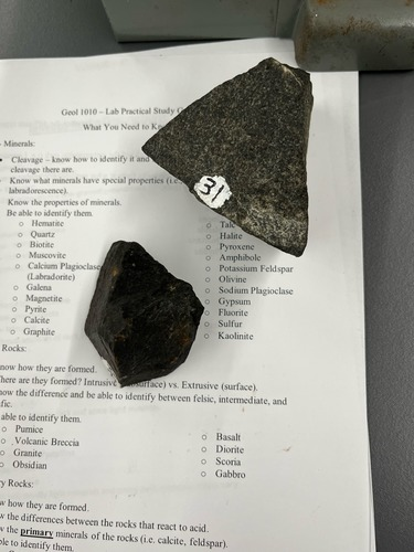 <ul><li><p>Aphaneritic/crystalline </p></li><li><p>Mafic, dark in color</p></li><li><p>Extrusive </p></li><li><p>Fine grains </p></li></ul>