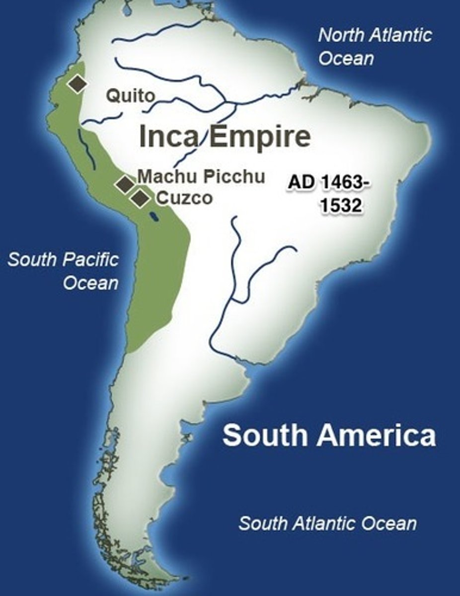 <p>The vast and sophisticated Peruvian empire centered at the capital city of Cuzco that was at its peak from 1438 until 1532.</p>