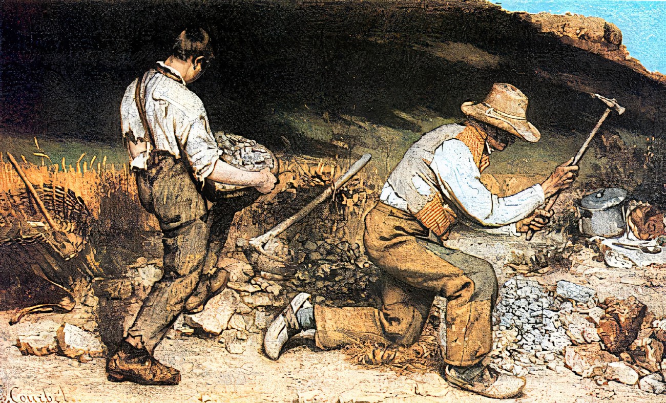 <p>When: 1849 (Realism) Where: France Who: Gustave Courbet Extra Facts: depicts two figures breaking rocks, meant to be the everyday man</p>