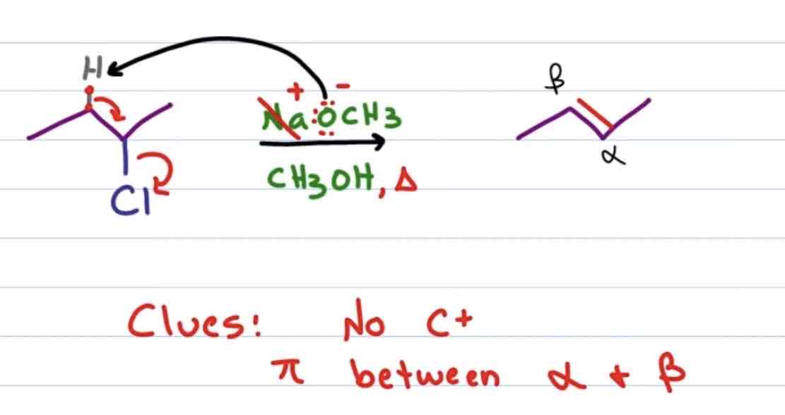 <ul><li><p>Bimolecular elimination </p></li><li><p>Uses heat to favour an elimination reaction rather than nucleophilic substitution </p></li><li><p>No carbocation intermediate</p></li><li><p>Double bond forms between a and b carbons </p></li></ul>