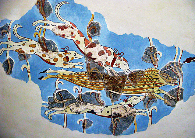 <p><strong><u>Date</u></strong> : 13th - 14th century BC </p><p></p><p><strong><u>Location</u></strong> : The Megaron in Tiryns </p><p></p><p><strong><u>Material</u></strong> : Fresco - plaster + paints </p><p></p><p><strong><u>Significance</u></strong> : </p><ul><li><p><strong>evidence of art</strong> - techniques and colours </p></li></ul><p></p><ul><li><p>evidence of <strong>animals involved in hunt</strong> : </p><ul><li><p><strong>humans hunted alongside dogs</strong> ( arrow at boar’s head ) </p></li><li><p><strong>dogs have matching collars</strong> - suggests <strong>co-ordination </strong></p></li><li><p><strong>boars</strong> were hunted</p></li></ul></li></ul><p></p><ul><li><p><strong>evidence of equipment</strong> in hunt : </p><ul><li><p><strong>bow and arrow</strong> </p></li></ul></li></ul><p></p>