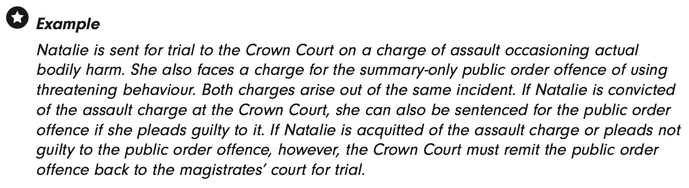 <p><strong>(A). </strong>CC can sentence for summary offence. Limited to MC powers.</p><p><strong>(B). </strong>Summary<strong> </strong>offence <strong><u>must</u></strong> be remitted back to MC for trial (i.e. not ‘may’). </p><p></p>