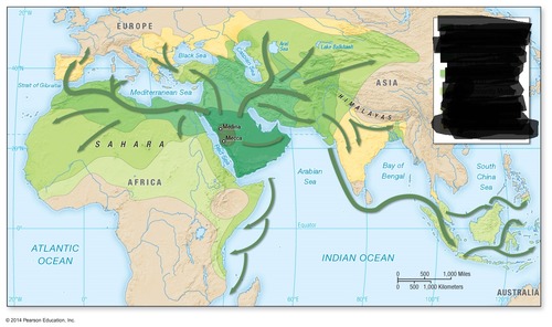 <p>Universalizing</p><p>Hearth - Mecca and Medina, Saudi Arabia</p><p>Contagious - Muhammad taught people and spread Islam, Muslim traders brought Islam to India and Indonesia</p><p>Hierarchical - Muslim Empires throughout history, military conquest in North Africa, Islamic intellectuals in cities</p>