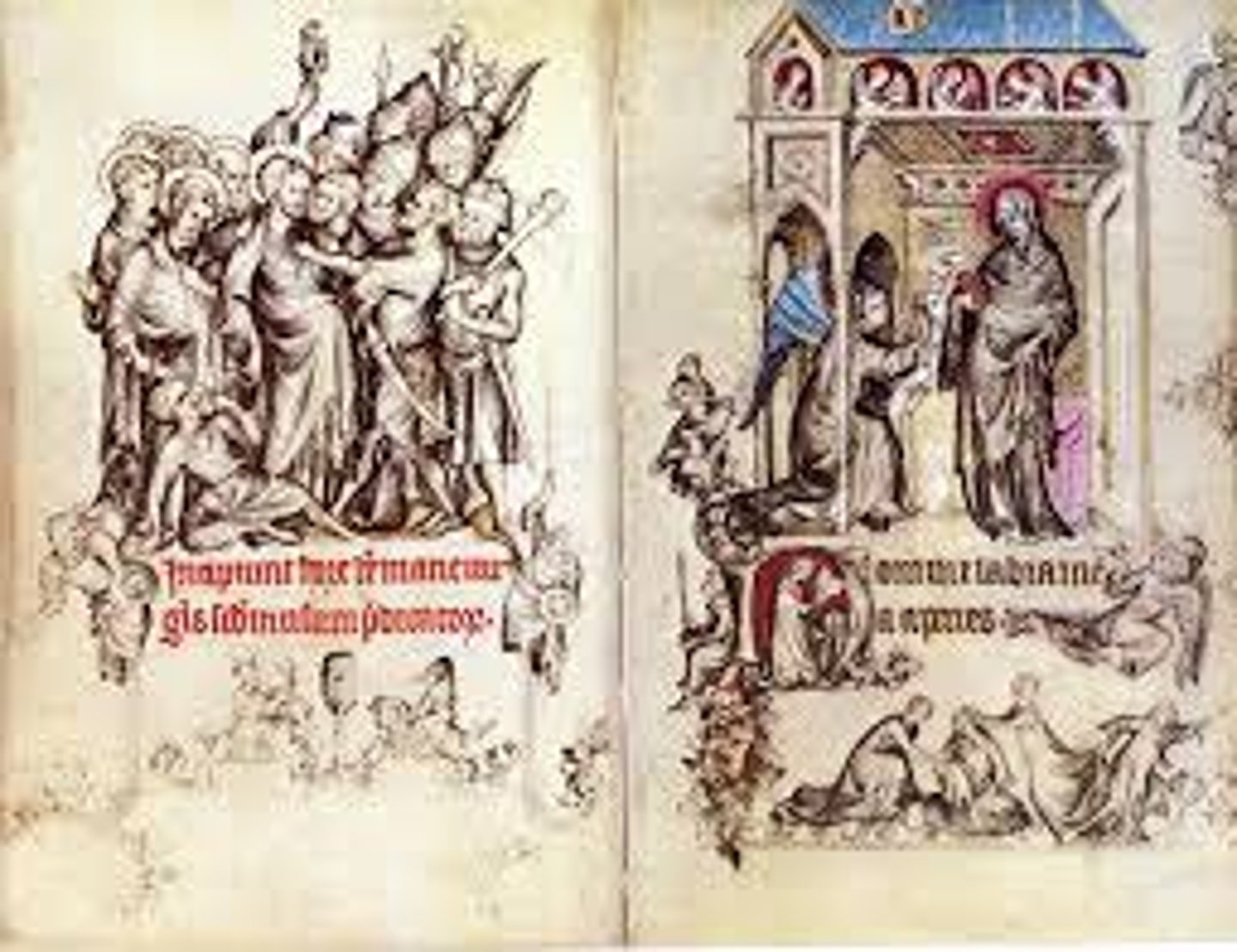 <p>Images, decorations, or notes added in the margins of a manuscript, often playful, symbolic, or commentary on the main text.</p>