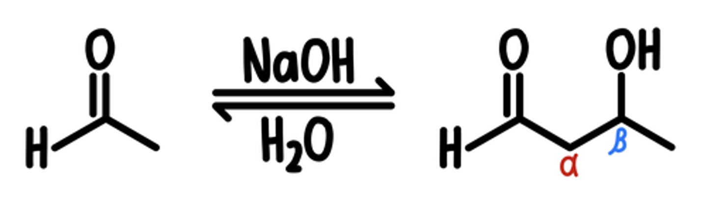 <p>Starting Material: Aldehyde</p><p>Aldol Addition → ꞵ-Hydroxy Aldehyde/Ketone (OH at ꞵ)</p><p>Reagents: H3O+, Br2</p><p>Intermediate: Enolate</p><p>*reversible → retro-aldol reaction</p>