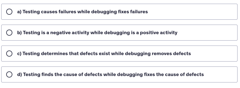 <p>Which of the following statements BEST describes the difference between testing and debugging?</p>