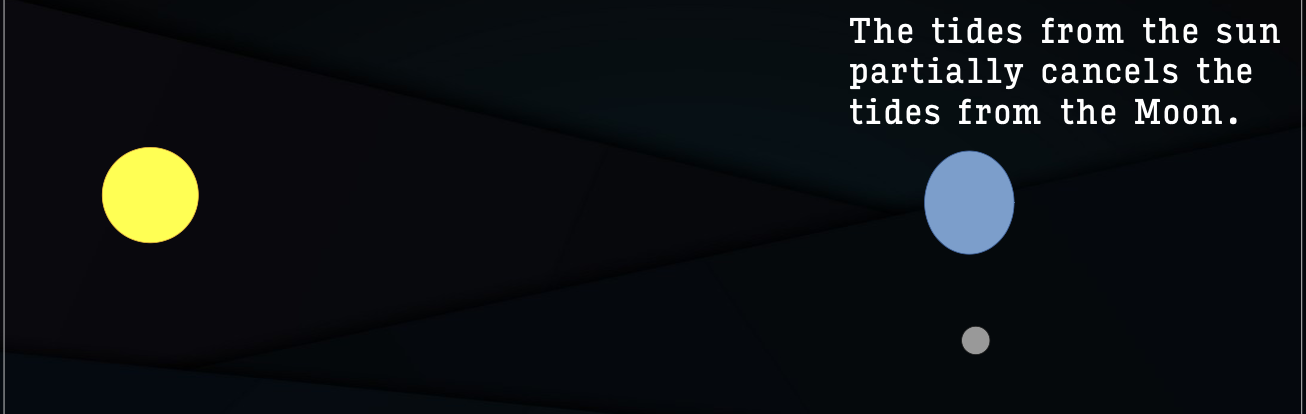 <p>in a quarter moon, the tidal forces from the sun partially cancel the tidal forces from the moon</p><ul><li><p>smallest tides of the month</p></li><li><p>happens when the sun, moon, and earth are minimally lined up</p></li></ul><p></p>
