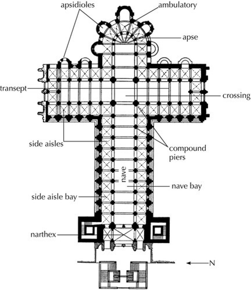 <p>Apsidal refers to a semi-circular or polygonal termination to a building, typically covered with a hemispherical dome or vault. This feature, known as an apse, is most commonly found at the eastern end of a church or cathedral, where it houses the altar.</p>