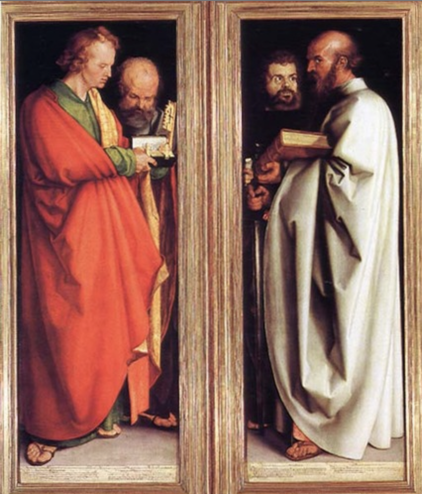 * Shows importance of physically reading the bible, a development made because of the printing press and is a key part of Protestantism
* Older apostles in the back compared to younger apostles in the front, diminished hierarchy of the Catholic church that Protestants were trying to avoid