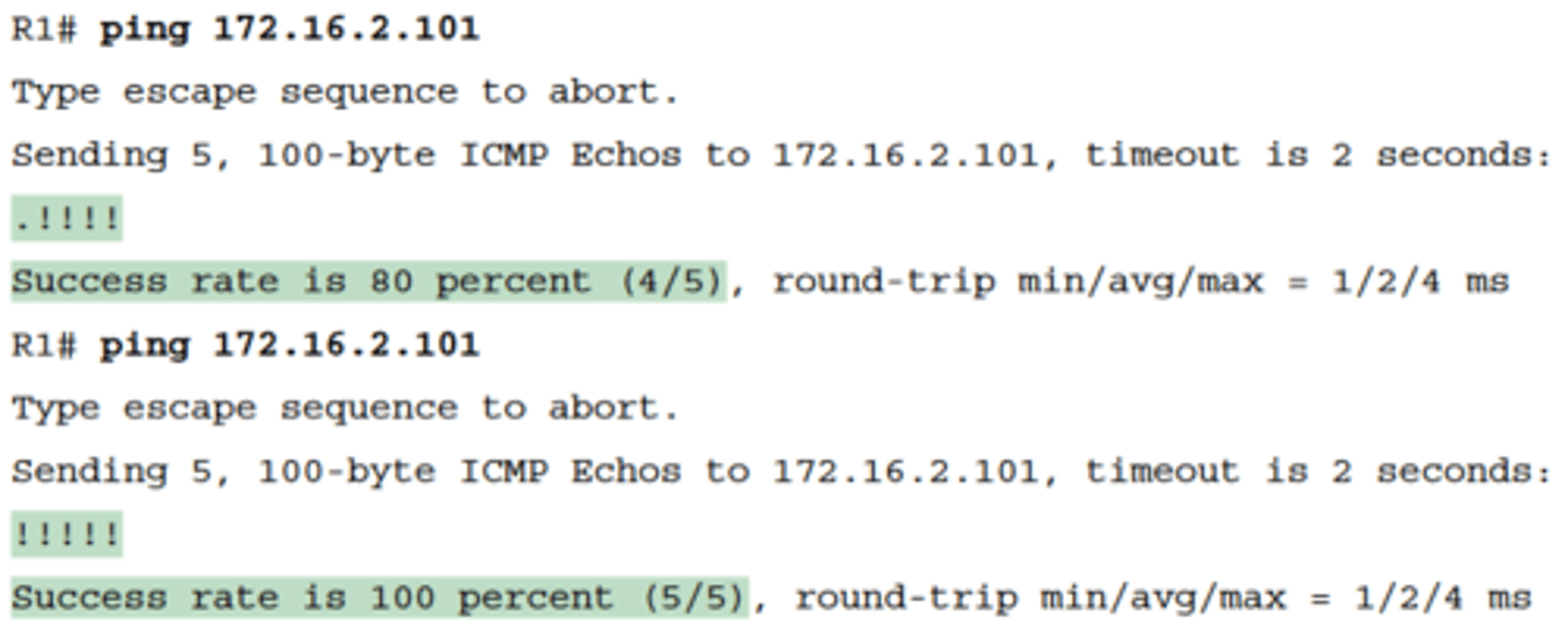 <p>-For instance, in Figure 18-1, imagine that the user of host A had called IT support with a problem related to sending packets to host B</p><p>-A ping 172.16.2.101 command on host A would be a great first troubleshooting step, but the CSR cannot access host A or get in touch with the user of host A.</p><p>-So, the CSR telnets to Router R1 and pings host B from there, as shown in Example 18-2</p><p>-By default, the Cisco IOS ping command sends five echo messages, with a timeout of 2 seconds</p><p>-If the command does not receive an echo reply within 2 seconds, the command considers that message to be a failure, and the command lists a period</p><p>-If a successful reply is received within 2 seconds, the command displays an exclamation point</p><p>-the first ping command shows one failure to start, but then the rest of the messages work. This usually happens because some device in the end-to-end route is missing an ARP table entry</p>