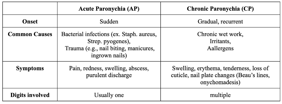 <p><strong><mark data-color="#f4f625" style="background-color: #f4f625; color: inherit">ACUTE PARONYCHIA</mark></strong> has a <strong>sudden</strong> onset. It is usually caused by <strong>bacterial infections</strong> (Staph. Aureus, Strep. Pyogenes) or by <strong>trauma</strong> (nail biting, manicures, ingrown nails). Symptoms include <strong>pain, redness, swelling, abscess, purulent discharge</strong>. It involves usually <strong>only 1 digit</strong>.</p><p><strong><mark data-color="#4954f5" style="background-color: #4954f5; color: inherit">CHRONIC PARONYCHIA</mark></strong> has a <strong>gradual</strong> onset, and it can also recur. It is usually caused by <strong>chronic wet work, irritants, allergen</strong>s. Symptoms include <strong><mark data-color="#3afadd" style="background-color: #3afadd; color: inherit">swelling, erythema, tenderness, loss of cuticle, nail plate changes (Beau’s lines, onychomadesis</mark></strong><mark data-color="#3afadd" style="background-color: #3afadd; color: inherit">)</mark>. It can involve <strong>multiple digits.</strong></p><p></p>