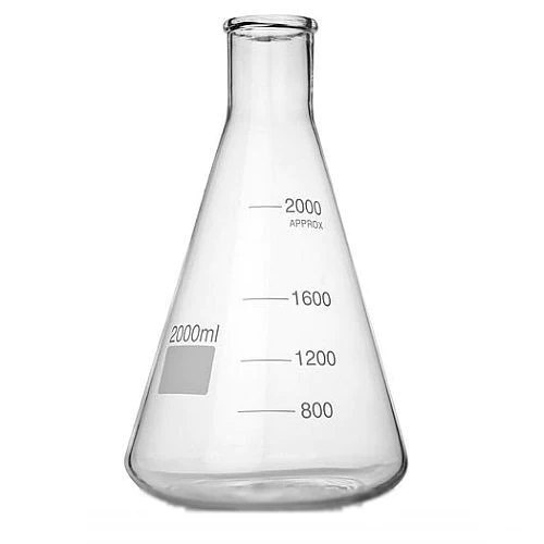 <p>a conical flask with a wide base and narrow neck</p>