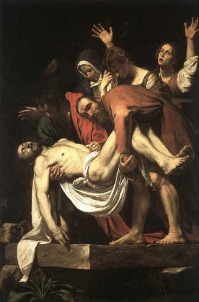 * Example of tenebrism, Caravaggio’s technique of creating stark contrasts between light and dark (almost a spotlight effect on the figures)
  * Creates a tense feeling along with the expressions and poses of the figures
* Interacting with the viewer: almost like the figures are waiting for us to help them/we caught them getting Jesus’ body out of the tomb
* Painting alla prima = “from life”, people became angry that Caravaggio was basing depictions of powerful holy figures off of regular humans even though it adds to the naturalism of the painting