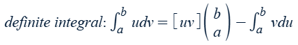 <p>indefinite integral: ∫ u dv = uv − ∫ v du</p><p><u>Tips</u></p><ul><li><p>What’s easy to derive is <em>u</em>. What’s easy to integrate is <em>dv</em>.</p></li><li><p>Choose the <em>x</em> with the highest power to be <em>u</em>.</p></li><li><p>Sometimes substitution is needed to set up ∫ u dv.</p></li><li><p>If you end up with the original integral, combine and isolate it.</p></li></ul><p></p>