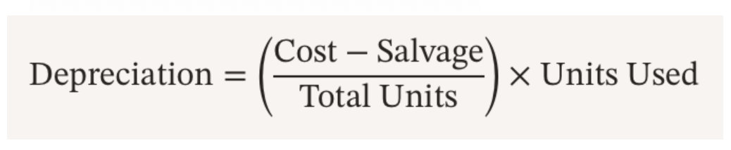 <p><strong>Depreciation based on usage/output</strong></p><p>first half is cost per unit</p><p>ending book value = salvage price</p>