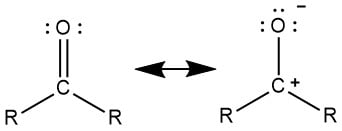 <ul><li><p>aldehyden en ketonen</p></li><li><p>binding wordt ook wel een gepolariseerde π-binding genoemd</p><ul><li><p>C heeft δ<sup>+ </sup>; nucleofiele aanval mogelijk</p></li><li><p>O heeft δ<sup>-</sup> ; zwakke base (zuur-base)</p></li></ul></li></ul><p></p>