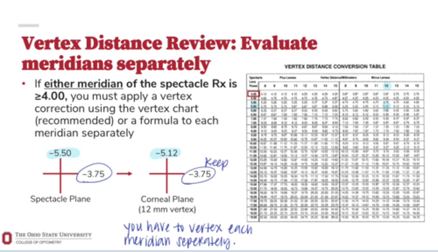 <p>If either meridian of the spectacle Rx is >4.00, you must apply what?</p>