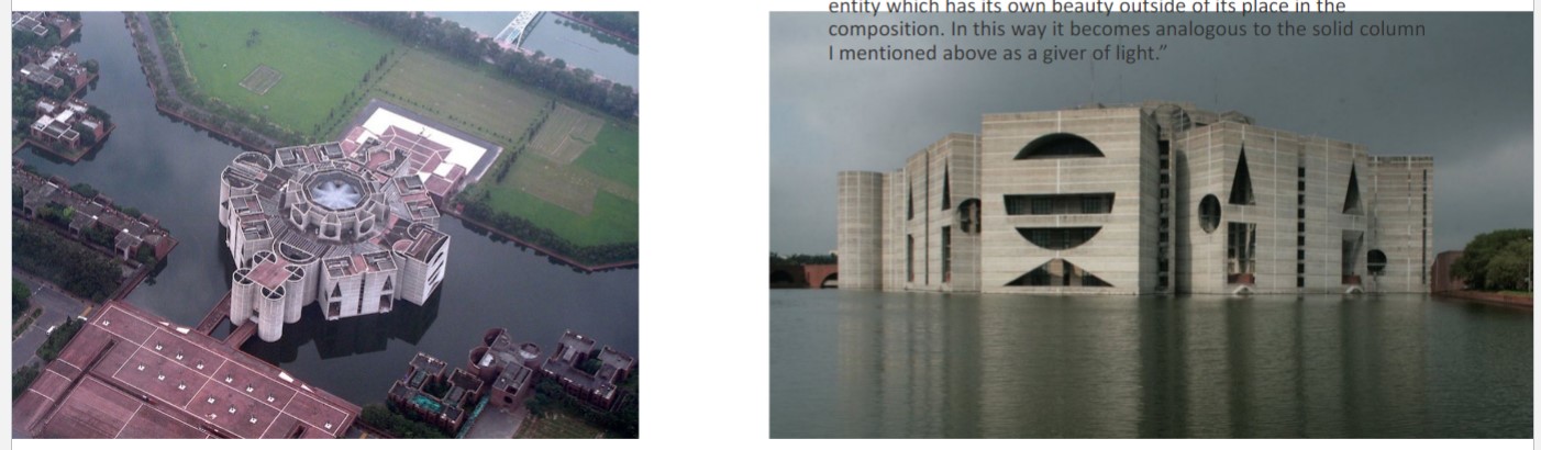 National Assembly Buidling, Dhaka, Bangladesh
Modernist building rooted in its context
Main idea: to create an identity to the newly established country of Bangladesh
Poured in place concrete with inlaid white marble