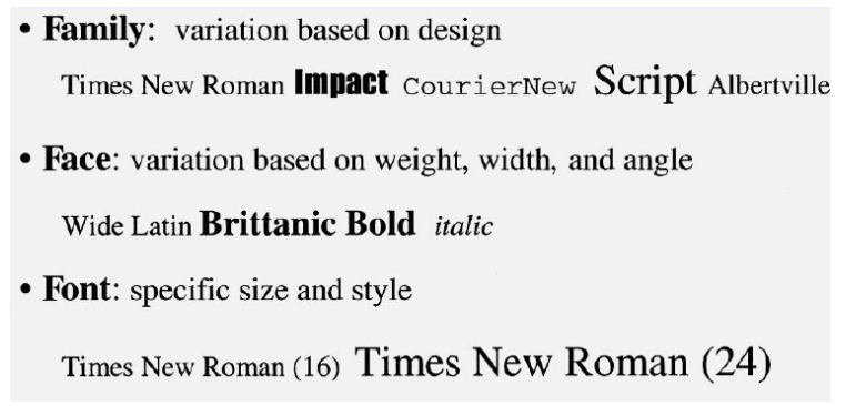 <p>Family, face/style (variation in weight, width, and angle), and font (size)</p>