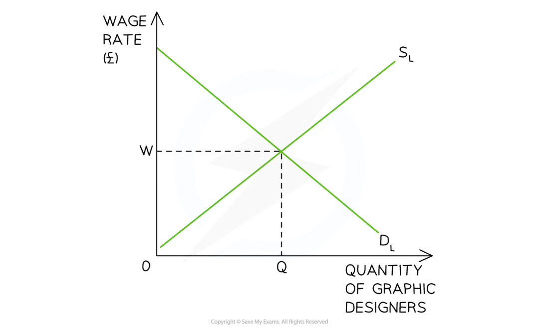 <p><strong><em>In the labour market for graphic designers, the equilibrium wage rate is W and the equilibrium quantity is Q. At this point the DL = SL</em></strong></p>