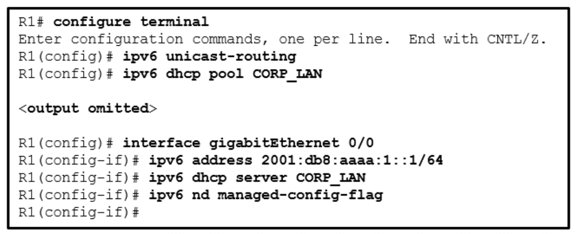 <p>Refer to the exhibit. A network administrator is configuring the router R1 for IPv6 address assignment. Based on the partial configuration, which IPv6 global unicast address assignment scheme does the administrator intend to implement?</p>