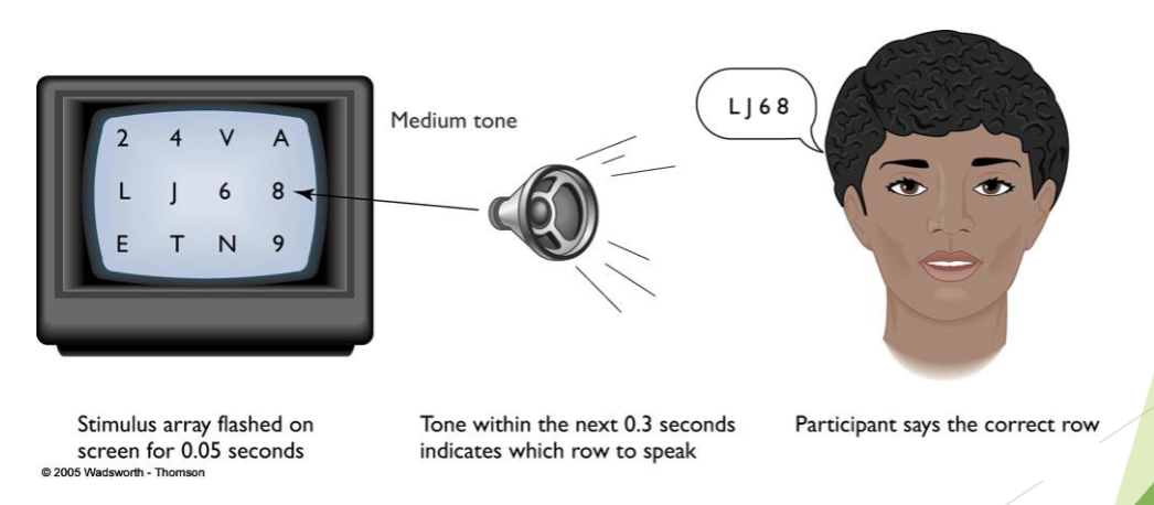 <p>1) Stimulus array flashed on screen for 0.05 seconds</p><p>2) Medium Tone within the next 0.3 seconds indicates which row to speak</p><p>3) Participant says the Correct Row</p><p></p>