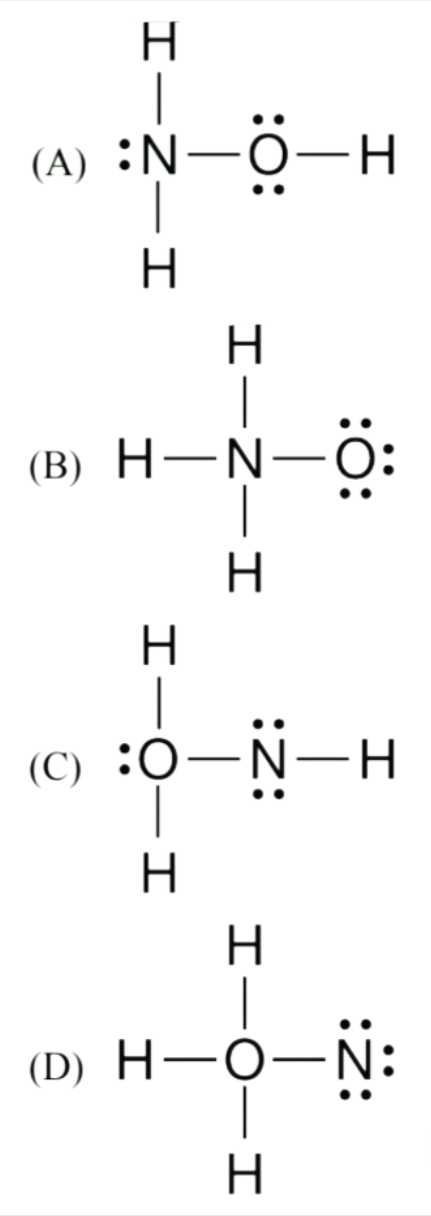 <p>Based on formal charges, which of the following is the best Lewis electron-dot diagram for H<sub>3</sub>NO?</p>