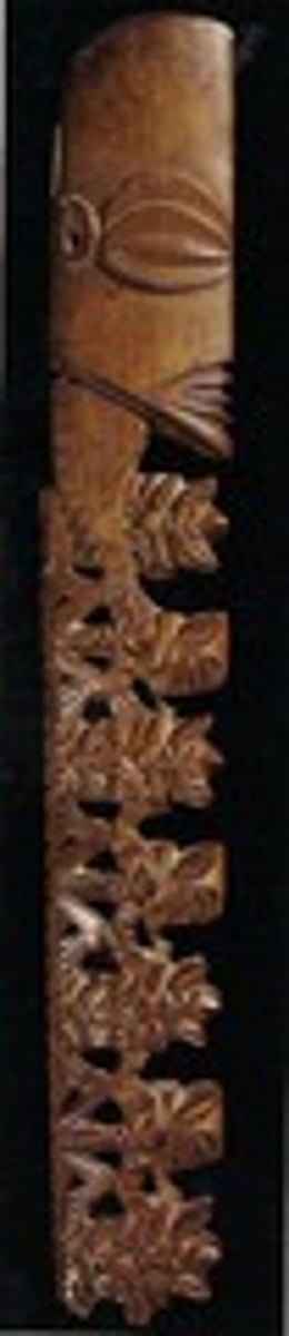 <p></p><p></p><p>M: barkcloth, ironwood, Tapa, Fiber, and feathers; composed of a central wood shaft wrapped in an enormous roll of decorated bark cloth</p><p>S: distinctive style; genoolgraphic</p><p>T: The carver may have depicted smaller people below the deities to make it seem that they are coming out of him or that he is creating them. This particular staff did not include feathers however, others were believed to have them on the back staff areas.</p><p>F: Religious ceremonies (possibly a fisherman's God). It was small in size for the ability to travel with the owner; sacred; religious</p><p>C: They were used in worship to their deities, at the beginning of the 19th century Polynesians converted to Christianity suddenly and they were forced to destroy similar wood carvings, very few survived; deity images w/ multiple figures attached to their bodies which are characteristic of Rurutu in the Astral Islands and of Rarotonga and Mangaia in the Cook Islands; lower end is a carved phallus; Reverend John Williams observed and found that the bark cloth contained red feathers and pieces of pearl shell which is known as the spirit of the god; this was a gift from the New Zealand government; it has a carved upper section; large smooth head, curved neck that has notches; there are 5 small figures on the staff which contains people and turtles; it has male and female reproductive qualities; they combine the results of labor skilled men and women; staff god: 60 cm x 20 cm</p><p>M:they represent the islands; they represent the historical figure Tigora of descent being passed down; has male and female atributes: creator god; they represent Tangaroa (creator god); carvings represented the clan and district ancestors who were honored for their protective and procreative powers; the images refer to the creator deities of the Polynesians and they were revere for their central role in human fertility</p><p>DT: Detail oriented</p>
