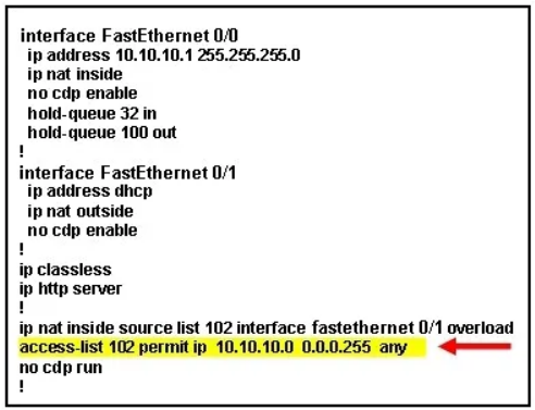 Refer to the exhibit. What is the purpose of the command marked with an arrow shown in the partial configuration output of a Cisco broadband router?

    defines which addresses are allowed into the router
    defines which addresses can be translated
    defines which addresses are assigned to a NAT pool
    defines which addresses are allowed out of the router