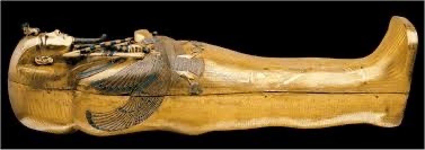 <p>Date/Style: New Kingdom, 1323 BCE</p><p>Materials/Tech: Gold with inlay of enamel and stones</p><p>Location: Luxor, Egypt</p><p>Function: Tomb for King Tut</p>