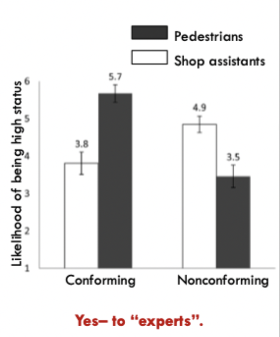 <p>experts of the scenario (the shop assistants) reported that the non-conforming woman would be more likely to be high status</p>