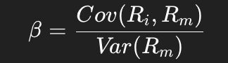 <p>Beta equals the covariance of the asset’s return with the market return divided by the variance of the market return</p>