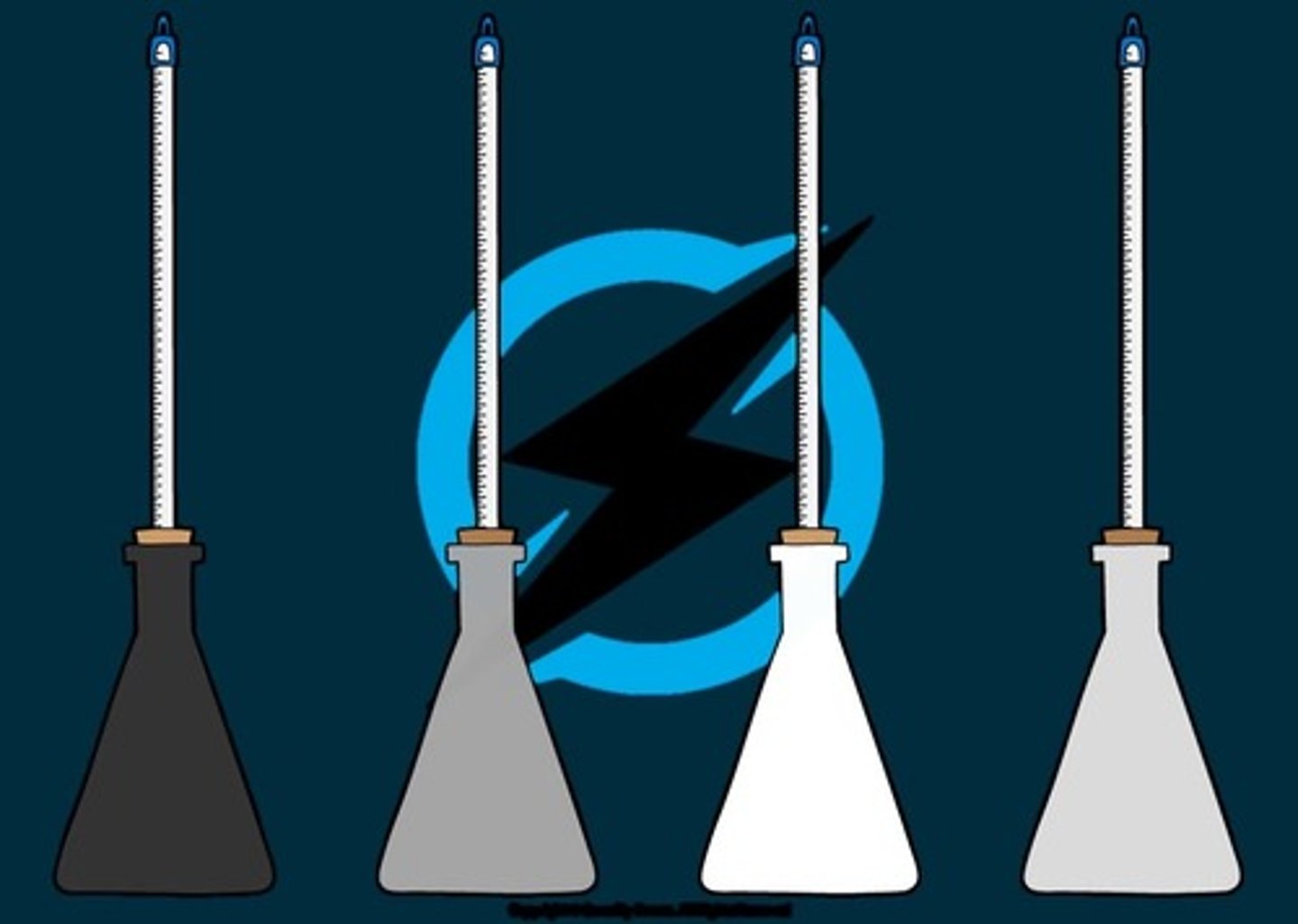 <p>1. Set up the four identical flasks painted in different colours: black, grey, white and silver</p><p>2. Fill the flasks with hot water, ensuring the measurements start from the same initial temperature</p><p>3. Note the starting temperature, then measure the temperatures at regular intervals, e.g. every 30 seconds for 10 minutes</p>