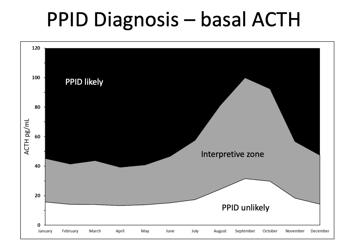<p>Basal ACTH</p><p>CANNOT use this test for PPID diagnosis - several factors could affect the sample and cause false positive results</p><p>To interpret basal ACTH - you have to consider season! In the fall months basal ACTH seems to be the highest</p>