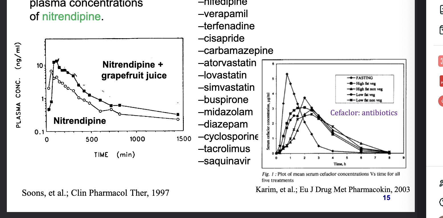 <ul><li><p>chemicals in grapefruit juice <strong>inhibits CYP3A4</strong> and <strong>increases the plasma concentrations of nitrendipine</strong></p></li><li><p>other drugs that interact with grapefruit juice</p><ul><li><p>felodipine</p></li><li><p>nifedipine</p></li><li><p>verapamil</p></li><li><p>terfenadine</p></li><li><p>cisapride</p></li><li><p>carbamazepine</p></li><li><p>atoravastatin</p></li><li><p>lovastatin</p></li><li><p>simvastatin</p></li><li><p>buspirone</p></li><li><p>midazolam</p></li><li><p>diazepam</p></li><li><p>cyclosporine</p></li><li><p>tacrolimus</p></li><li><p>saquinavir</p></li></ul></li></ul><p></p>