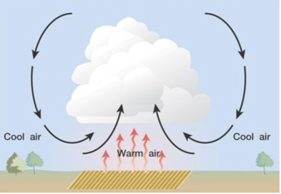 <p>spontaneous vertical movement due to buoyancy differences. ex: thunderstorms, tornadoes</p>