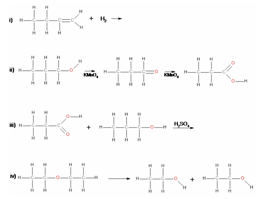 <p>37. Reaction ii) is an example of a&nbsp;</p><table style="min-width: 150px"><colgroup><col style="min-width: 25px"><col style="min-width: 25px"><col style="min-width: 25px"><col style="min-width: 25px"><col style="min-width: 25px"><col style="min-width: 25px"></colgroup><tbody><tr><td colspan="1" rowspan="1"><p class="p1">a.</p></td><td colspan="1" rowspan="1"><p class="p1">elimination</p></td><td colspan="1" rowspan="1"><p class="p1">c.</p></td><td colspan="1" rowspan="1"><p class="p1">substitution</p></td><td colspan="1" rowspan="1"><p class="p1">e.</p></td><td colspan="1" rowspan="1"><p class="p1">hydrolysis</p></td></tr><tr><td colspan="1" rowspan="1"><p class="p1">b.</p></td><td colspan="1" rowspan="1"><p class="p1">addition</p></td><td colspan="1" rowspan="1"><p class="p1">d.</p></td><td colspan="1" rowspan="1"><p class="p1">condensation</p></td><td colspan="1" rowspan="1"><p class="p1">f.</p></td><td colspan="1" rowspan="1"><p class="p1">oxidation</p></td></tr></tbody></table><p></p>