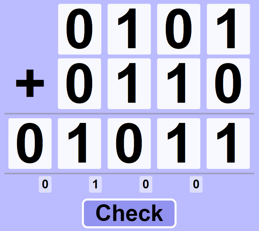 <p>0 +​ 0 + 0 = 0&nbsp; </p><p>0 + ​0 + 1 = 1&nbsp; </p><p>0 + ​1 + 1 = 10&nbsp; </p><p>1 + 1 + 1 = 11&nbsp;</p>