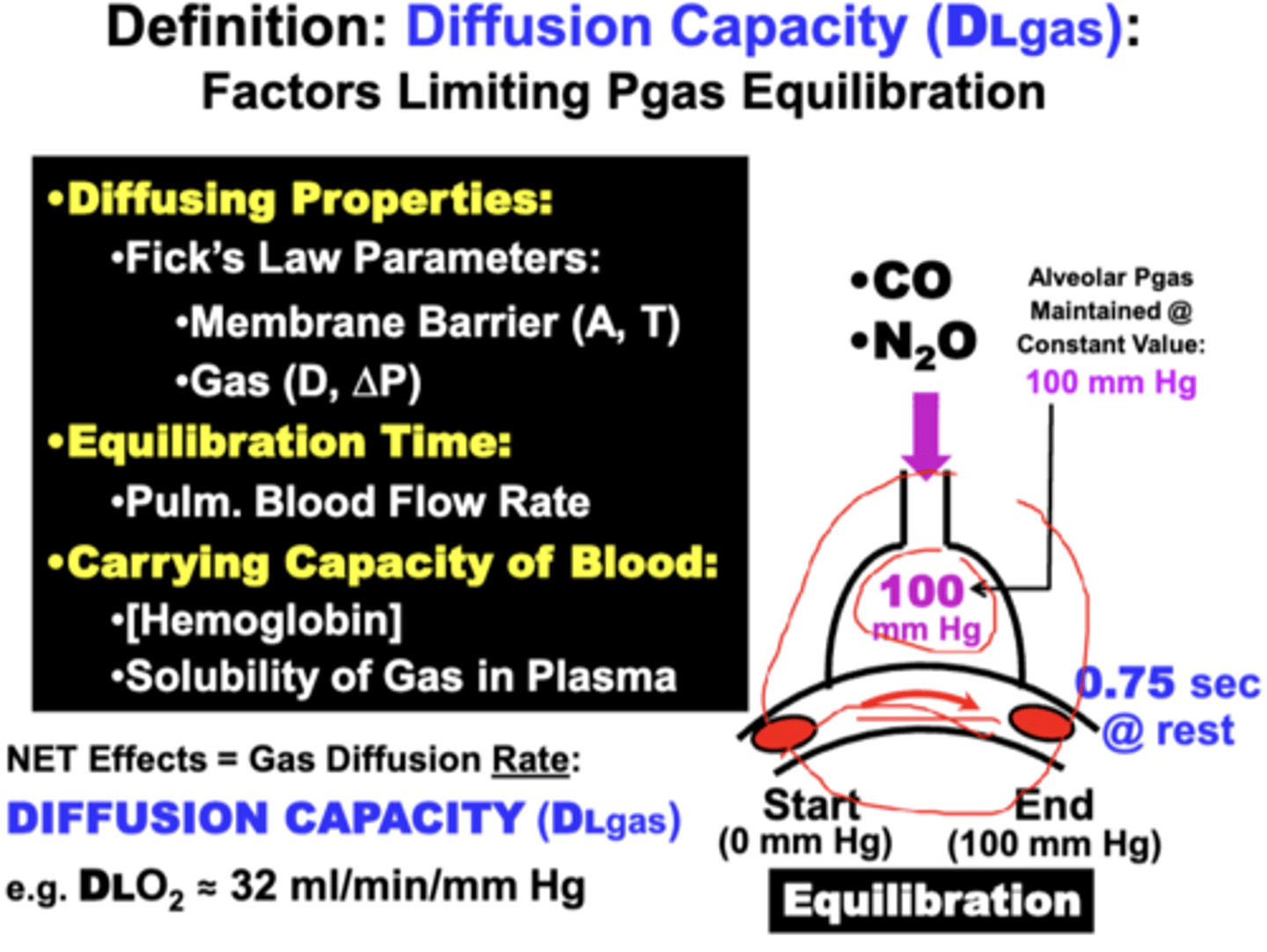<p>results in a rate of diffusion across the barrier termed the Diffusion Capacity (DLgas: e.g. DLO2), which is quantitatively expressed in units of ml/min/mm Hg</p>