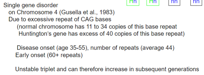 <ul><li><p>degeneration of the brain (striatum) leading to progressive deterioration of movement, temperament and cognition</p></li><li><p>autosomal dominant inheritance - single copy will be dominant and lead to the disease</p></li><li><p>single gene disorder </p></li></ul>