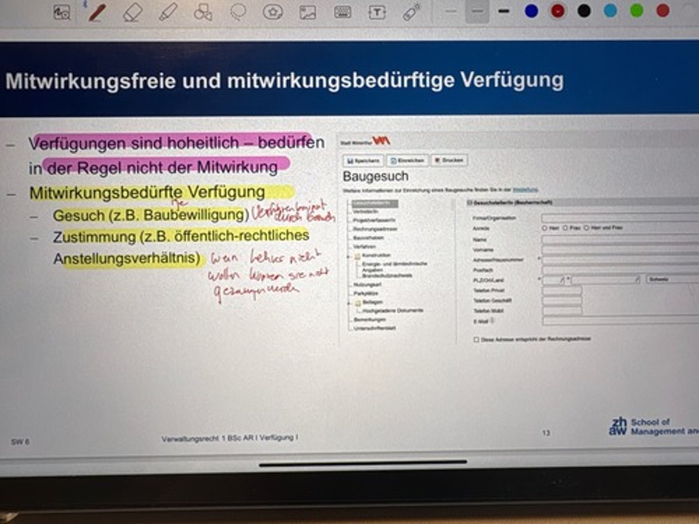 <p>-Verfügungen sind hoheitlich - bedürden in der Regel nicht der Mitwirkung</p><p>-Mitwirkungsbedürftige Verfügung</p><p>•Gesuch (z.B. Baubewilligung)</p><p>•Zustimmung (z.B. öff.rechtl. Anstellungsverhältnis)</p>