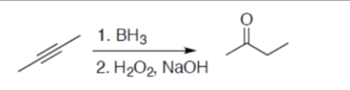 <p>Carbocation: no</p><p>Regiochemistry: N/A</p><p>Stereoselectivity: syn</p><p>Stereoselectivity: N/A</p><p>Reagent(s): 1. BH3 2. H2O2, NaOH</p><p>- Adds a =O to one alkyne carbon</p>