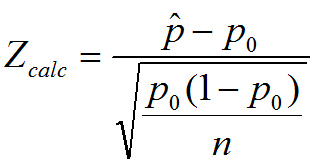 <p>z=p hat minus the null proportion divided by the square root of the null proportion(1-null proportion) divided by n</p>