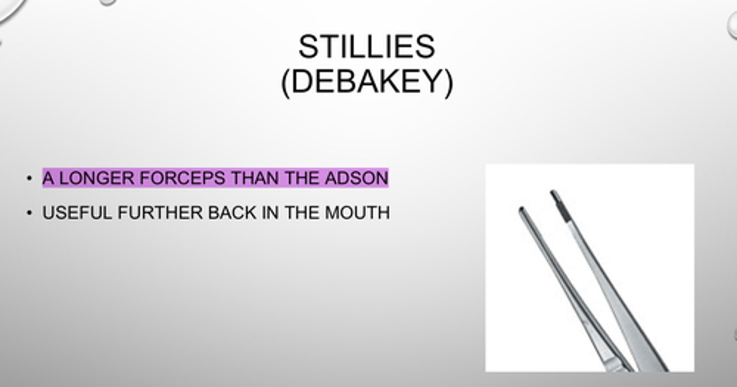 <p>Which OS Tissue Forcep:</p><p>- Longer forcep than Adson</p><p>- Good for further back in the mouth (posterior areas)</p>