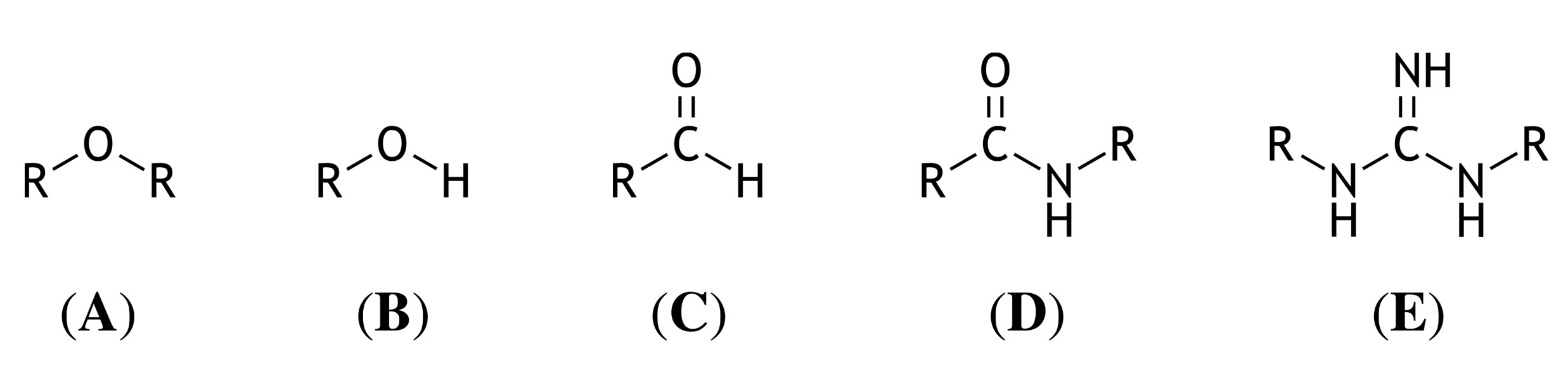 <p>56. Hydrogen bonds are structural, noncovalent interactions that contribute to the formation and stabilization of an enzyme’s native conformation. Shown below are several chemical structures, where “R” represents an aliphatic residue.</p><p>Which of these chemical structures (A–E) can theoretically form the greatest number of intermolecular hydrogen bonds?</p><p>A. (A)</p><p>B. (B)</p><p>C. (C)</p><p>D. (D)</p><p>E. (E)</p>